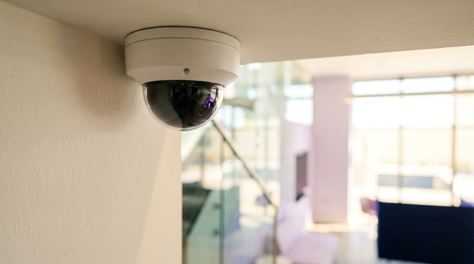 Cámara de videovigilancia de tipo domo instalada en la pared de un edificio moderno.