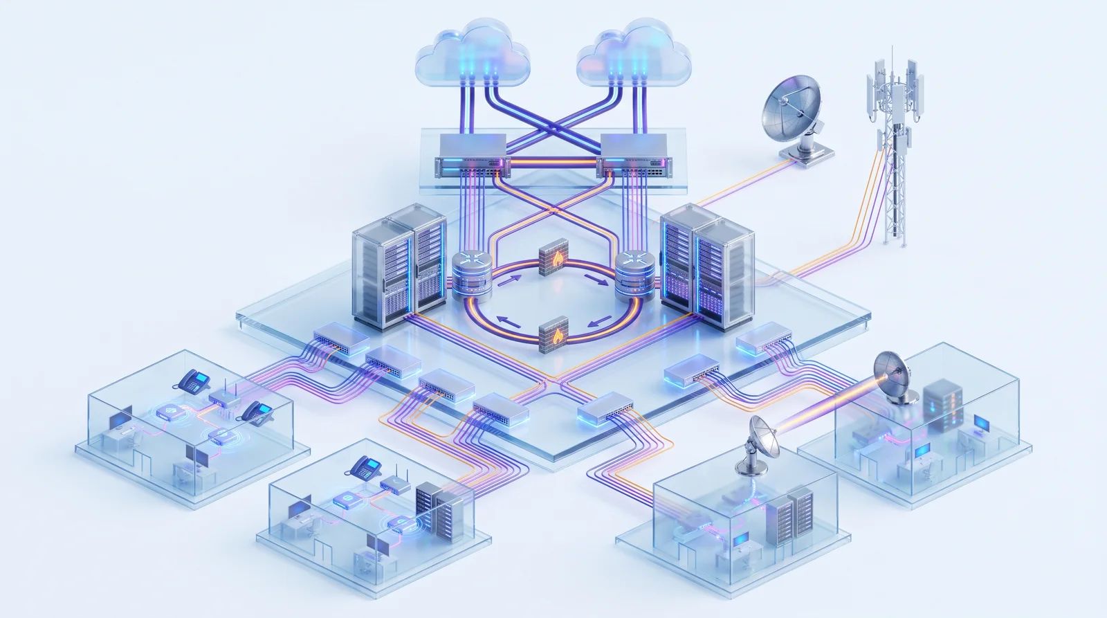 Esquema isométrico de una red empresarial: doble salida a internet con enrutamiento BGP, anillo de fibra redundante en el núcleo, cortafuegos, switches de distribución con VLAN separadas por color, radioenlace entre edificios y respaldo por 5G y satélite