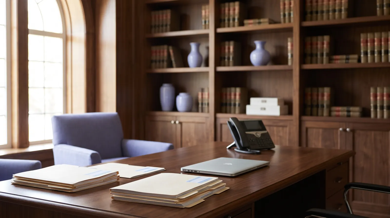 Mesa de despacho profesional con expedientes ordenados, un portátil cerrado y el teléfono, con la biblioteca al fondo
