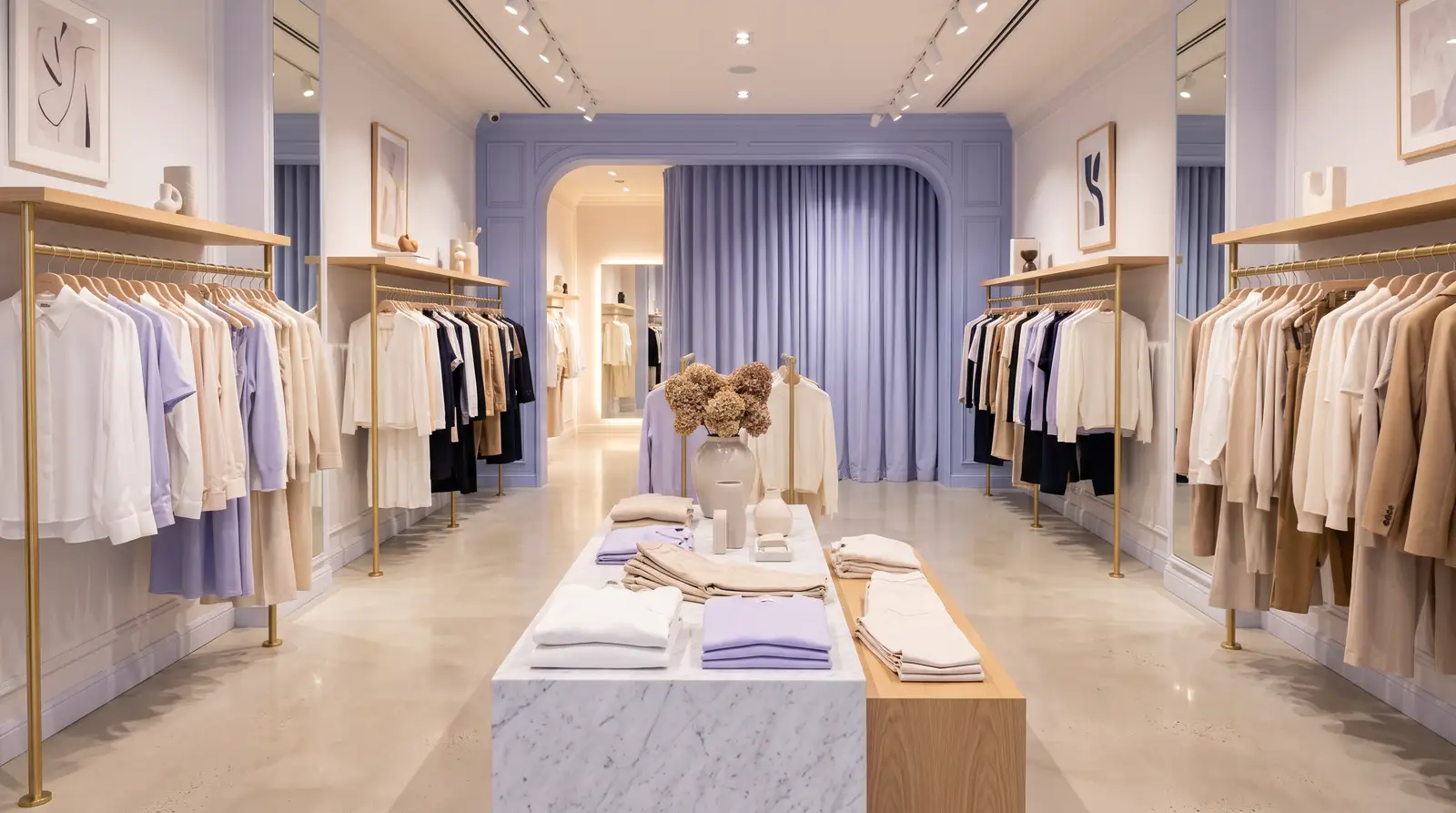 Interior de tienda de moda con percheros a ambos lados, mesa central de exposición y los probadores al fondo