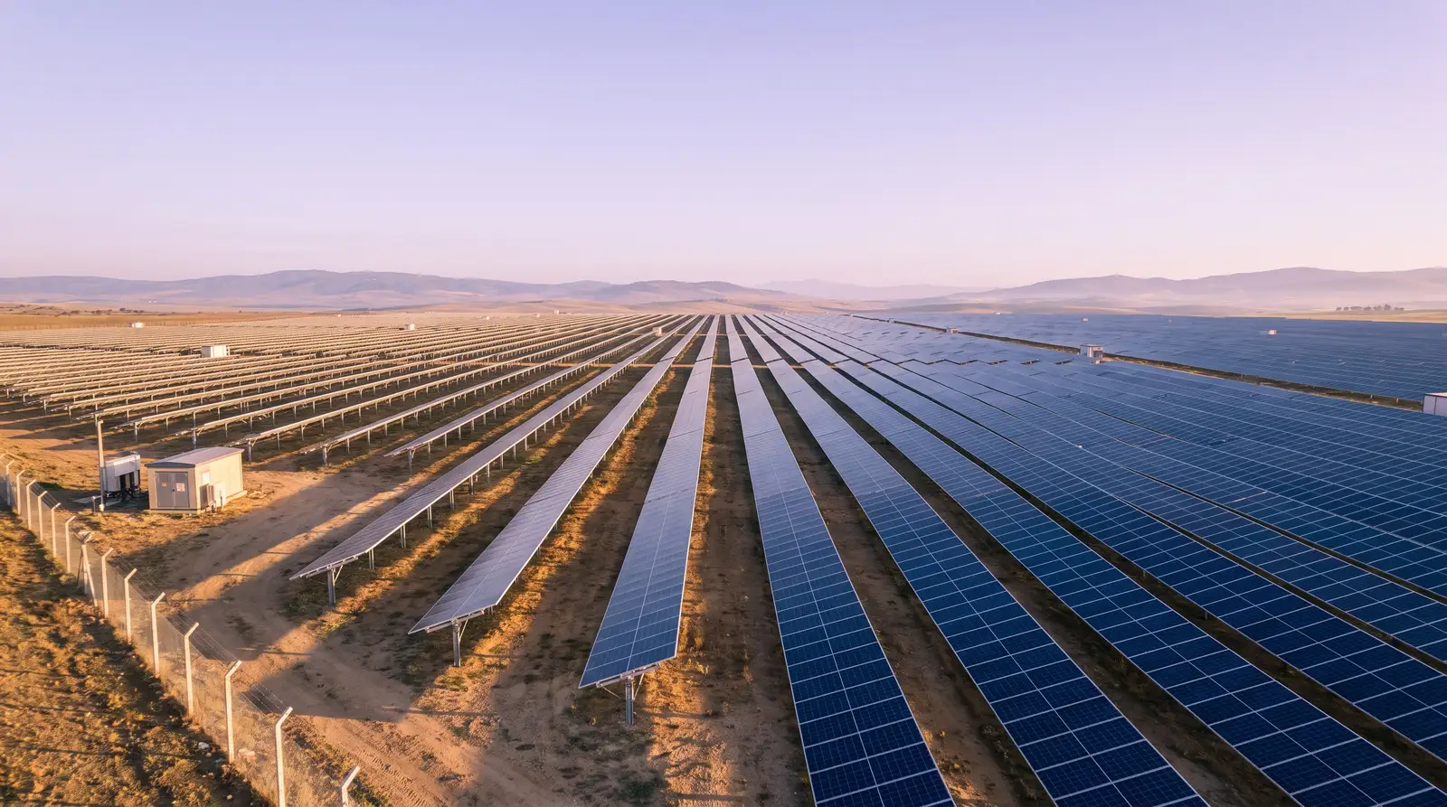 Planta solar fotovoltaica con largas filas de paneles atravesando campo abierto y el vallado perimetral