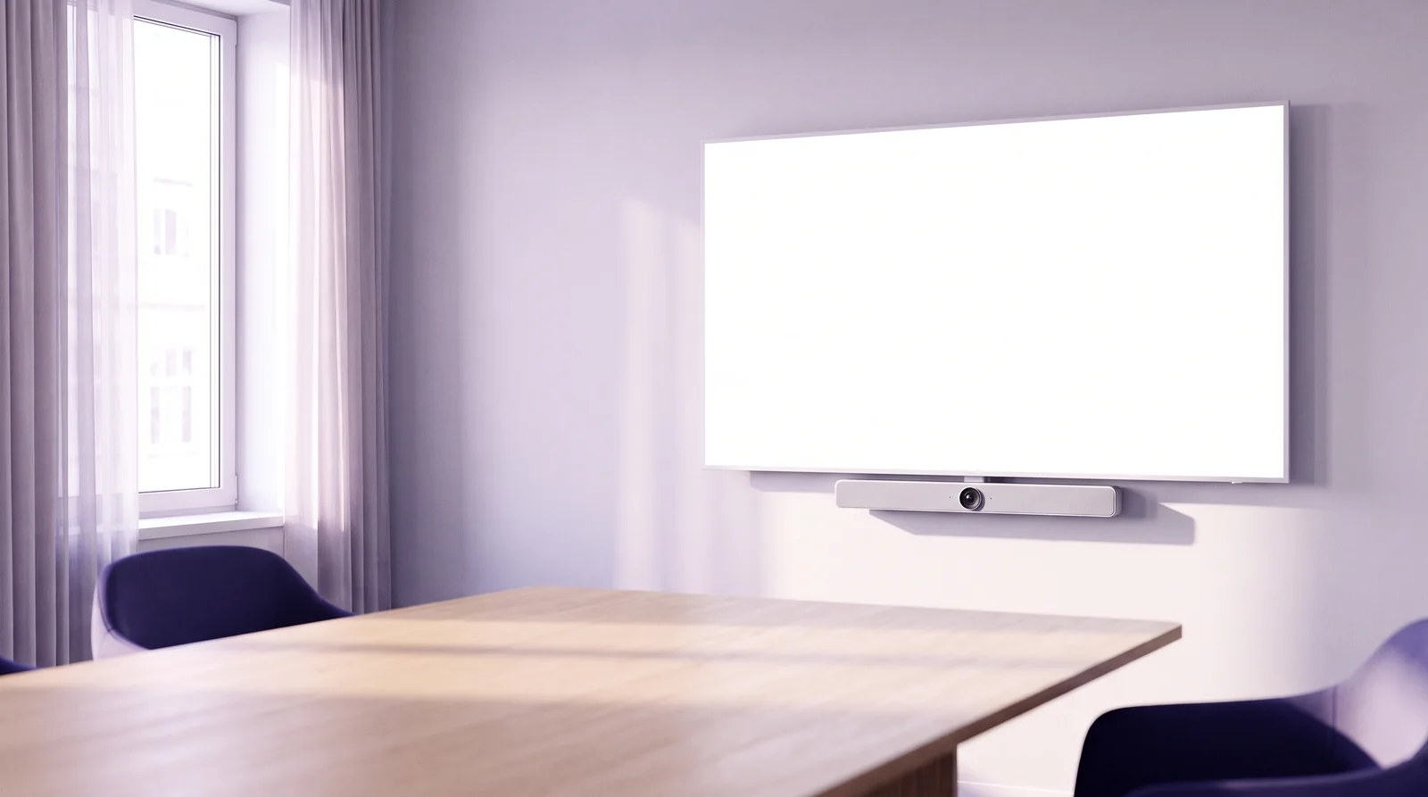 Sala de reuniones con una pantalla grande en la pared, una barra de videoconferencia debajo y una mesa de madera clara en primer plano.