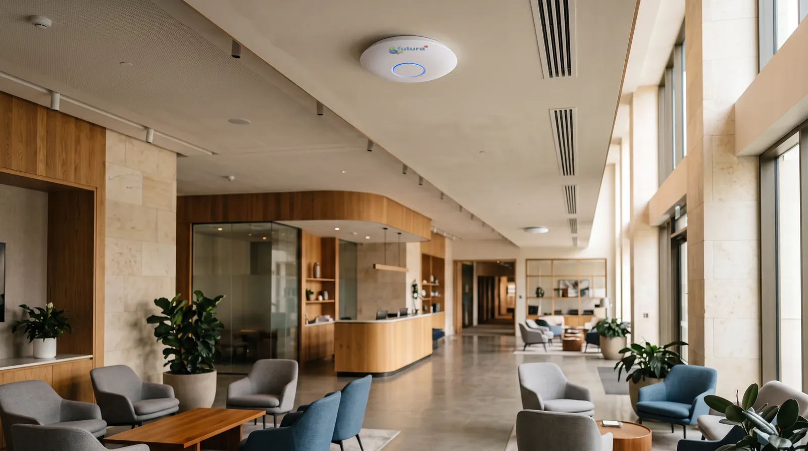 Punto de acceso UniFi U7 Pro instalado al ras del techo en el vestíbulo de un edificio moderno y luminoso, con el logotipo de Futura SP en el frontal y la zona de espera y el mostrador de recepción al fondo. Más adelante, en el mismo techo, se ve un segundo punto de acceso igual.